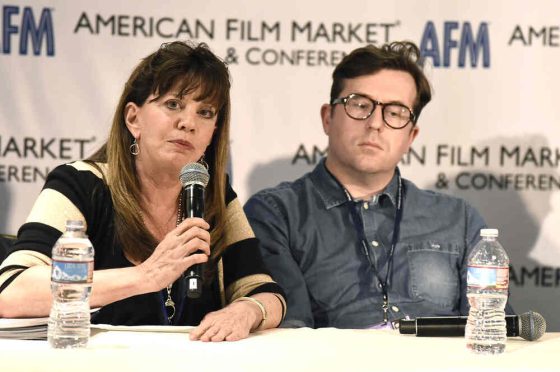 Lise Romanoff, Managing Director/CEO Worldwide Distribution of Vision Films, and Mike Runagall, Managing Director of Altitude Film Sales, speak at the American Film Market Roundtable - Distributing and Monetizing Feature Documentaries at the Loews Santa Monica Beach Hotel on Monday, Nov. 7, 2016, in Santa Monica, Calif. (Photo by Dan Steinberg/Invision for IFTA/AP Images)