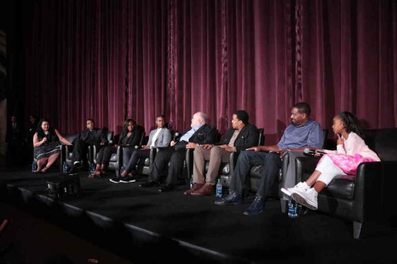 Denzel Washington, Viola Davis, Jovan Adepo, Stephen Henderson, Russell Honsby, Mykelti Williamson and Saniyaa Sidney speak at the LA Guild Screening of "Fences" (Photo: Alex J. Berliner / ABImages)